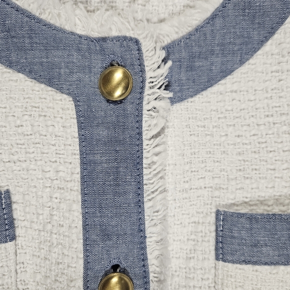 Talbots Petites White Denim Tweed Blazer Jacket Size 12P Button Up Fringed Chic - Picture 4 of 16